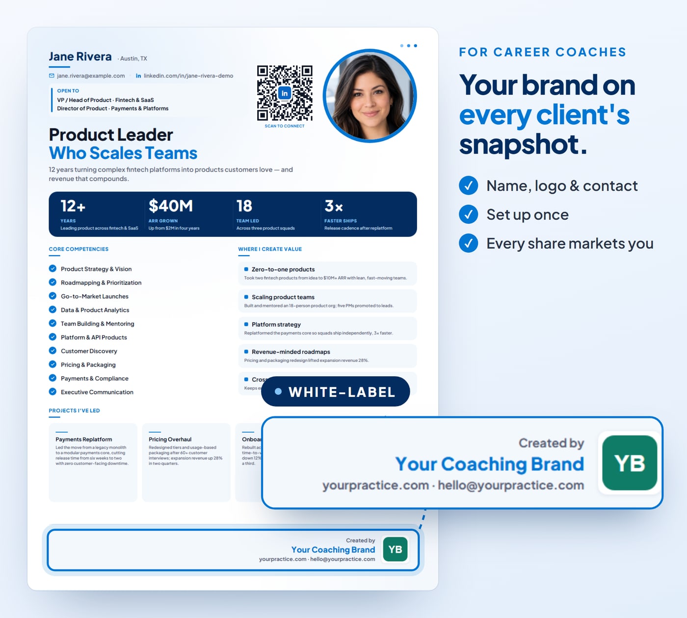 A CareerSnap infographic with a coach's own name, logo, and contact in the footer